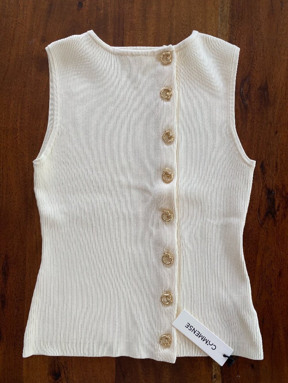 NWT Cummense Ribbed Knit Top XS Cream Gold Button Sweater Vest Quiet Luxury